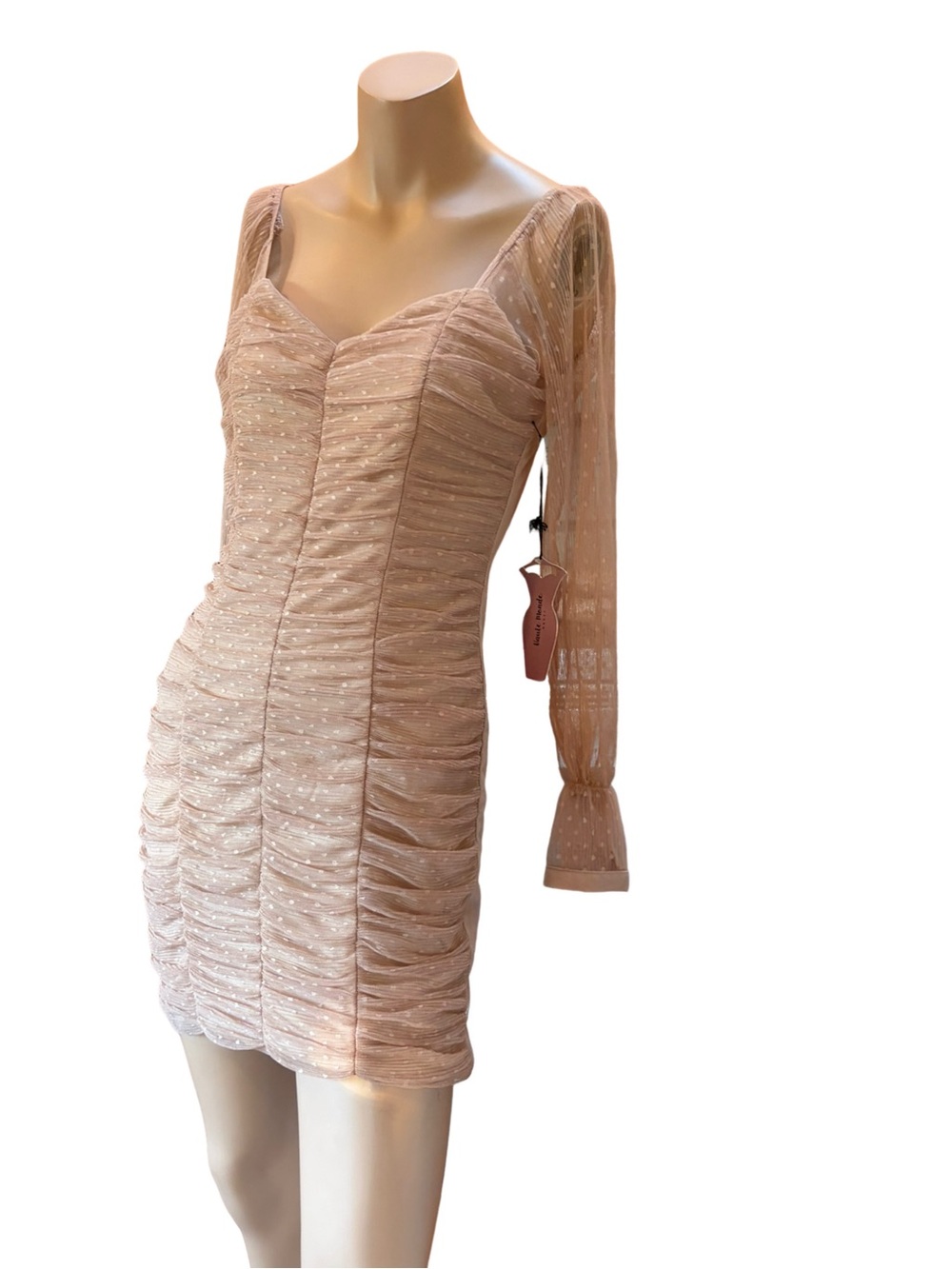 NWT Haute Monde Blush Champagne Swiss Dot Ruched Mesh Mini Dress M
